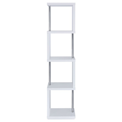 Start2Finish Baxter 67-inch white and chrome bookshelf with four shelves, showcasing a modern furniture design.