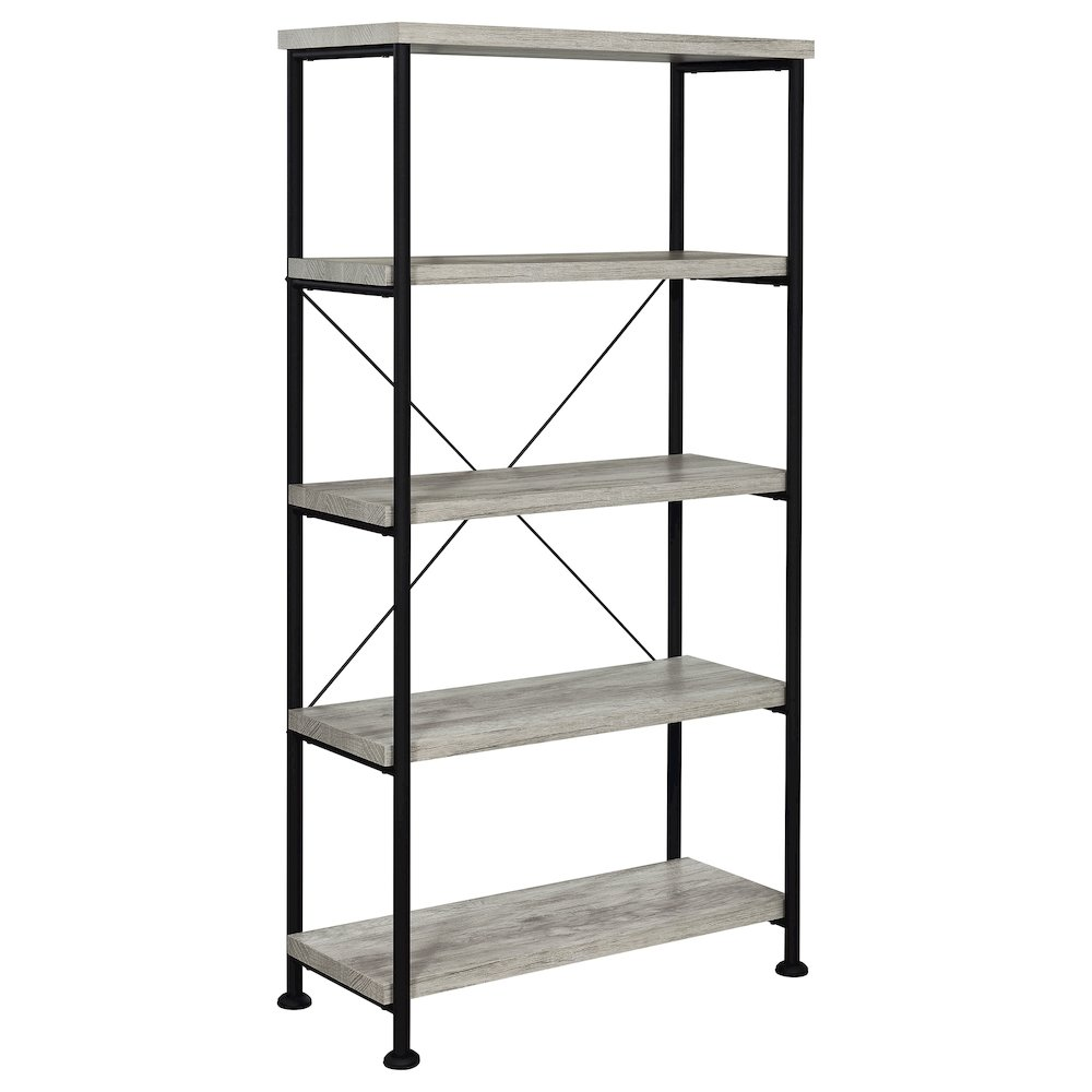 Start2Finish Analiese 63-inch grey driftwood 4-shelf bookshelf showing sturdy wood shelves and modern furniture design.