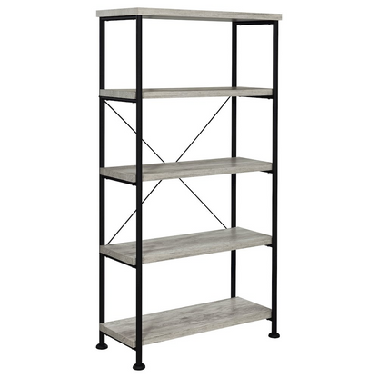 Start2Finish Analiese 63-inch grey driftwood 4-shelf bookshelf showing sturdy wood shelves and modern furniture design.