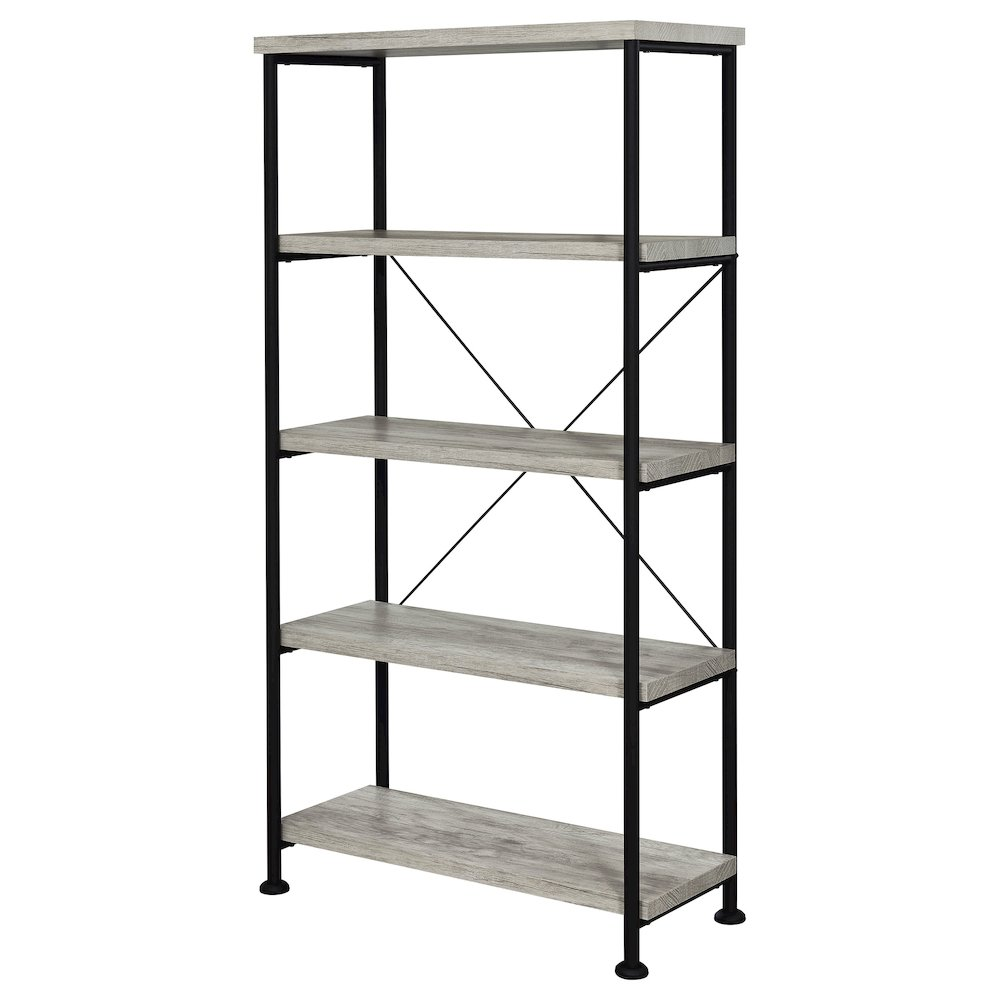Start2Finish Analiese 63-inch grey driftwood bookshelf with four shelves, showcasing a modern furniture design in a home setting.