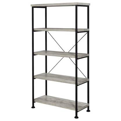 Start2Finish Analiese 63-inch grey driftwood bookshelf with four shelves, showcasing a modern furniture design in a home setting.