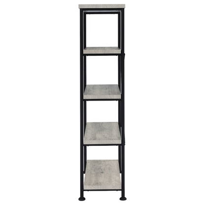 Start2Finish Analiese 63-inch grey driftwood bookshelf with four shelves, showcasing a modern furniture design.