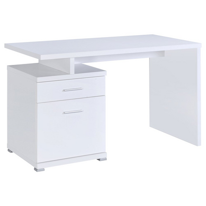 White Irving 47-inch office computer desk with two drawers, made of sturdy furniture by Start2Finish, featuring a sleek design.