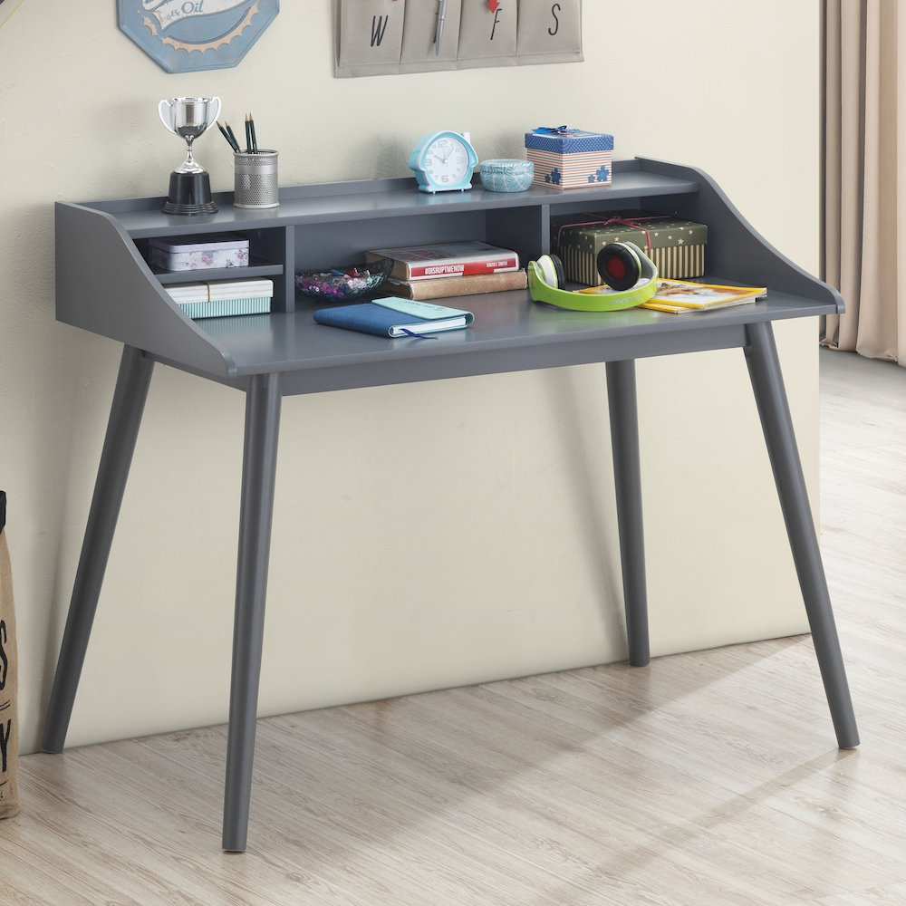 Percy grey 45-inch 4-compartment writing desk by Start2Finish, featuring a modern furniture design with multiple storage sections.