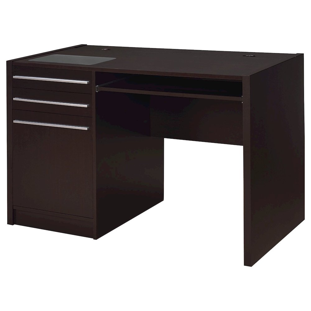 Start2Finish Halston 47-inch office desk with two drawers and cabinet in cappuccino finish, showcasing smooth wood surface and storage space.