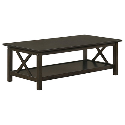Start2Finish Rachelle 3-piece rectangular coffee table set in deep merlot wood with smooth surfaces and modern design.