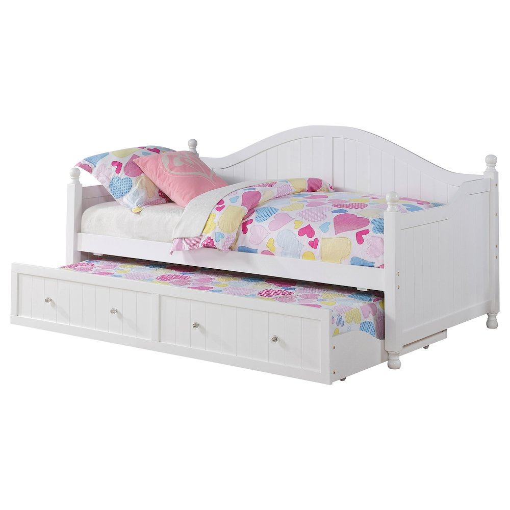 White Julie Ann Wood Twin Daybed with Trundle by Start2Finish, featuring a classic wooden frame and a pull-out trundle bed for extra sleeping space.