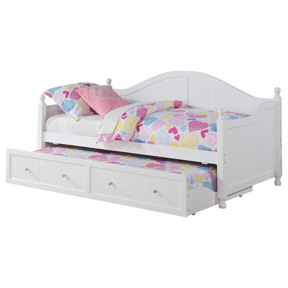 White Julie Ann Wood Twin Daybed with Trundle by Start2Finish, featuring a classic wooden frame and a pull-out trundle bed for extra sleeping space.