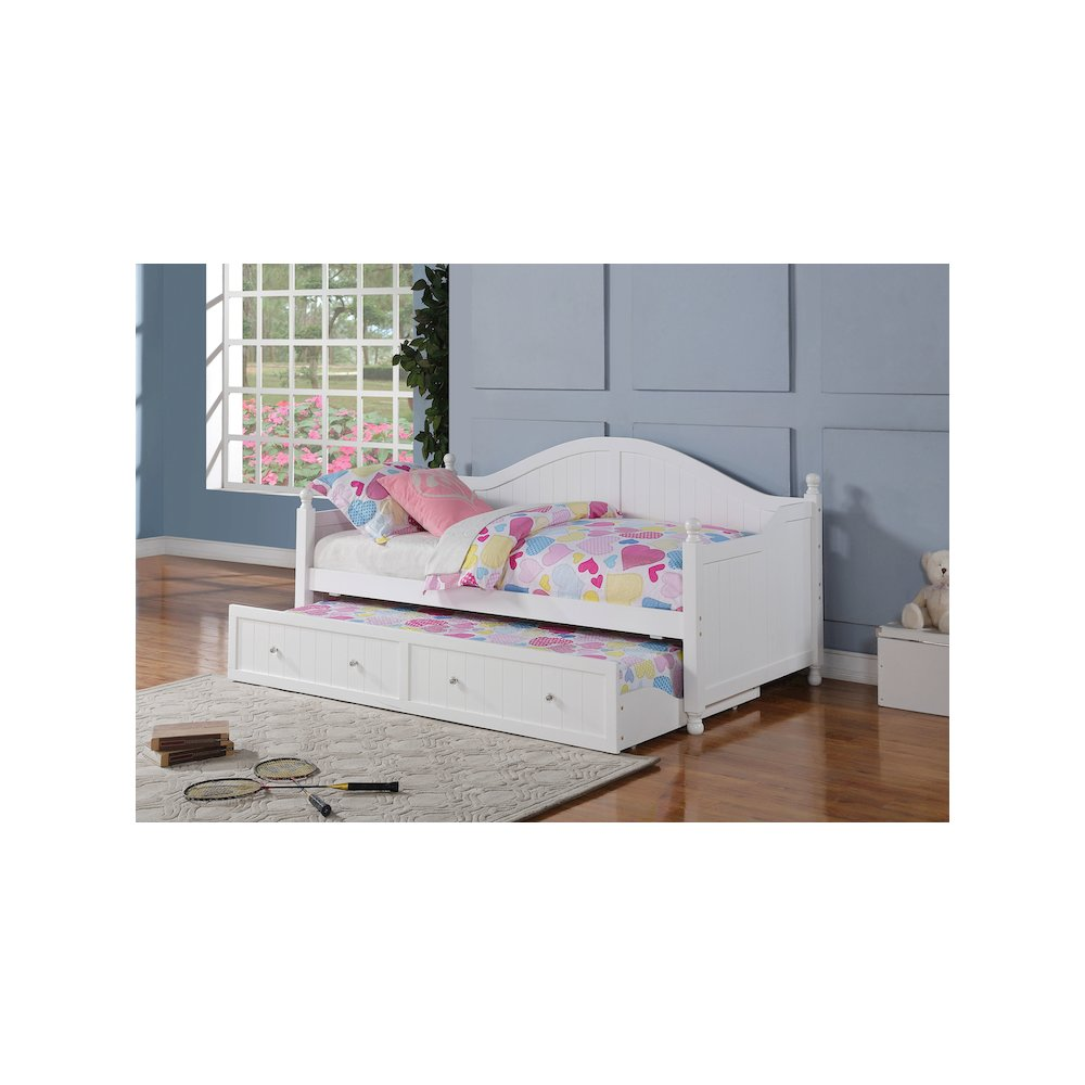 White Julie Ann Wood Twin Daybed with trundle by Start2Finish, featuring a classic wooden frame and clean design.