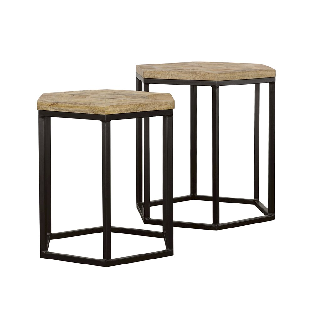 Start2Finish Adger 2-piece hexagonal nesting tables in natural wood and black finish, showcasing modern geometric design.