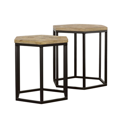 Start2Finish Adger 2-piece hexagonal nesting tables in natural wood and black finish, showcasing modern geometric design.