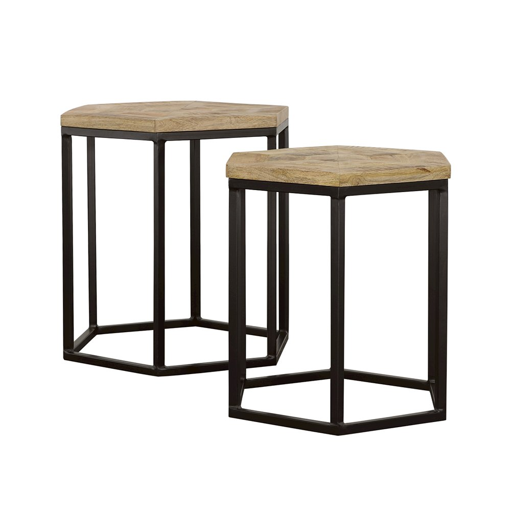 Start2Finish Adger 2-piece hexagonal nesting tables in natural wood and black finish, showing their modern geometric design.