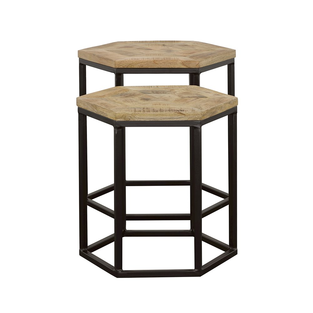 Start2Finish Adger 2-piece hexagonal nesting tables in natural wood and black finish, showing their modern geometric design.