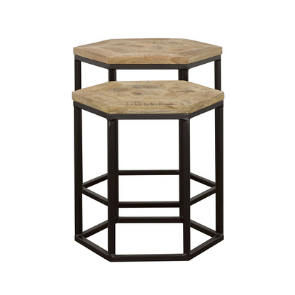 Start2Finish Adger 2-piece hexagonal nesting tables in natural wood and black finish, showing their modern geometric design.