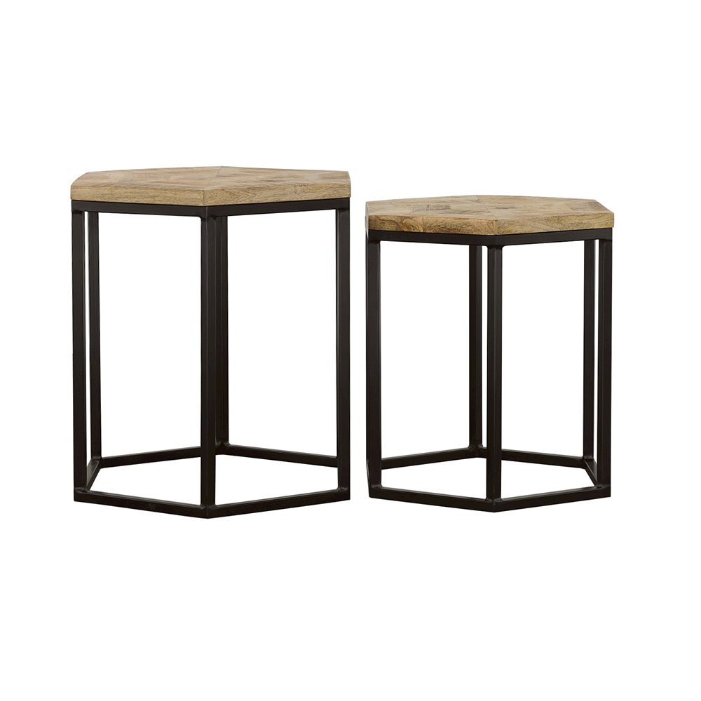 Start2Finish Adger 2-piece hexagonal nesting tables in natural wood and black finish, suitable for living room or decor accents.