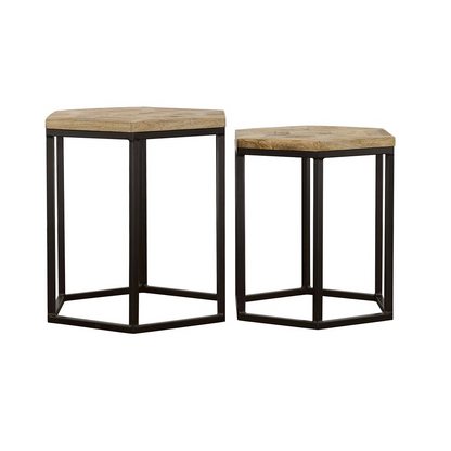 Start2Finish Adger 2-piece hexagonal nesting tables in natural wood and black finish, suitable for living room or decor accents.