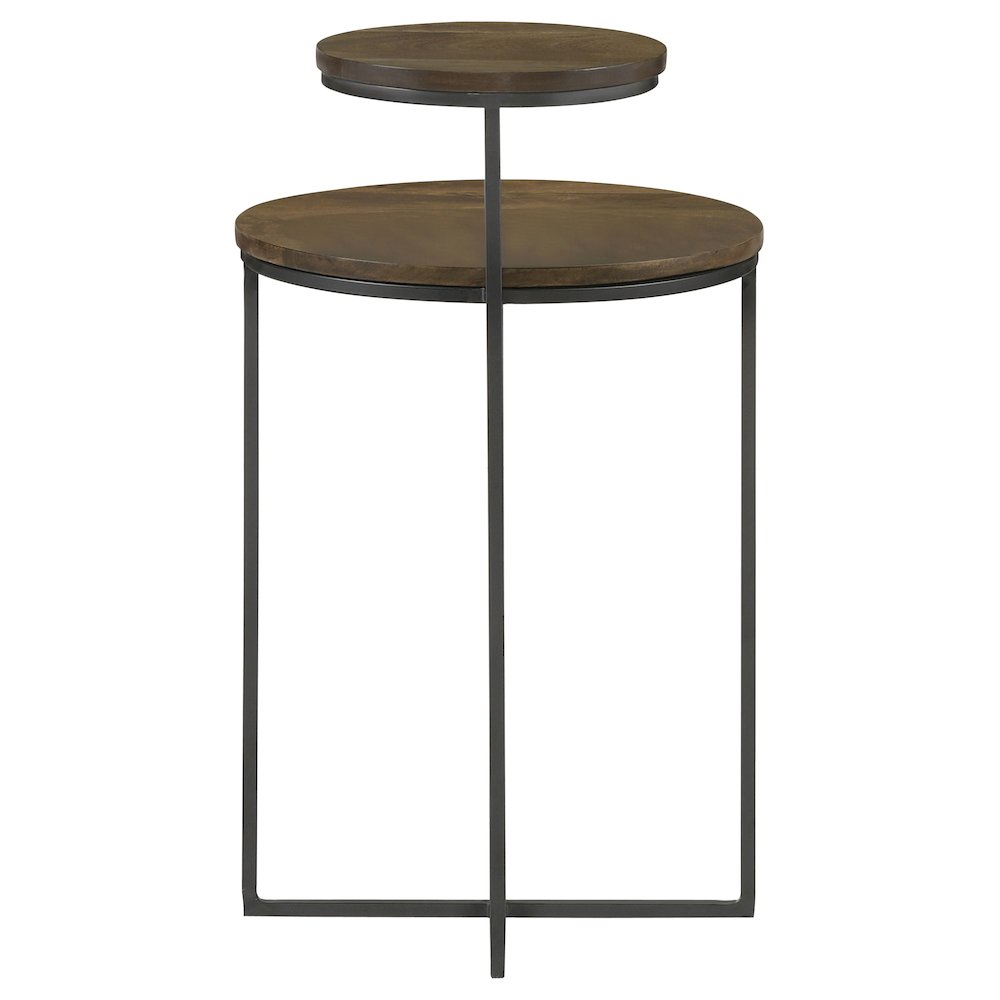 Start2Finish Yael round mango wood accent side table with natural finish and gunmetal frame, featuring a sleek, modern design.