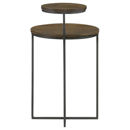 Start2Finish Yael round mango wood accent side table with natural finish and gunmetal frame, featuring a sleek, modern design.
