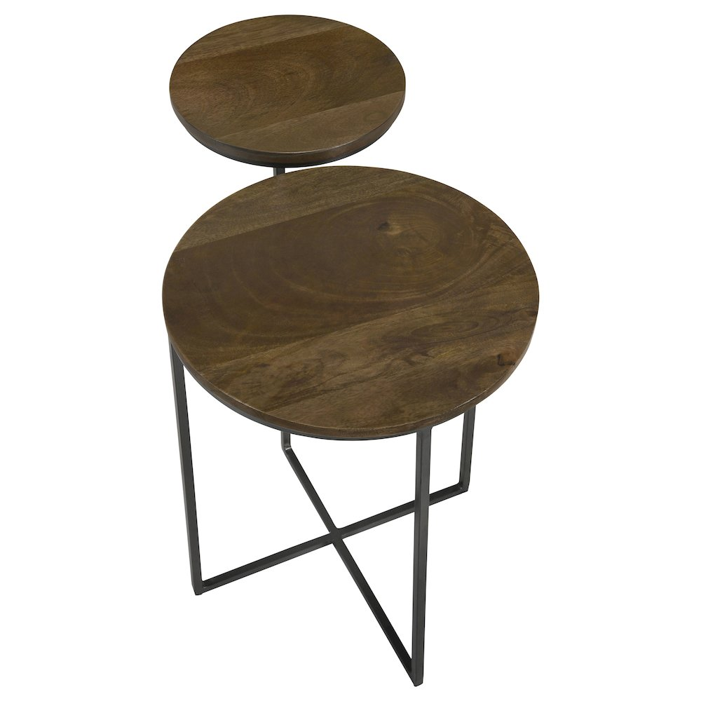 Round mango wood side table with natural finish and gunmetal accents, modern furniture accent piece from Start2Finish.