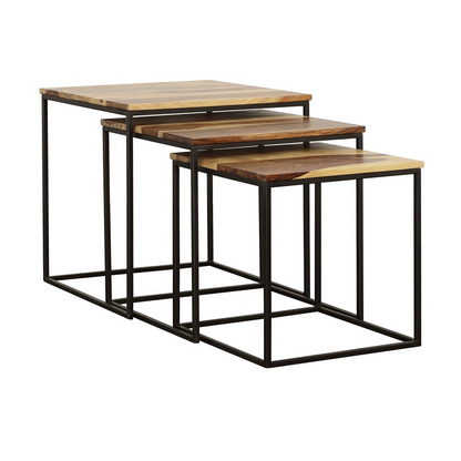 Set of three Belcourt square nesting tables by Start2Finish in natural wood and black finish, stacked together.