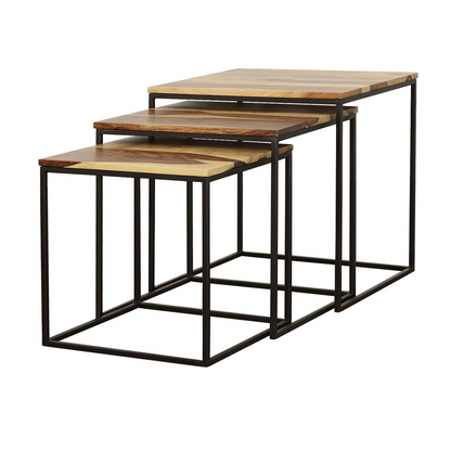 Start2Finish Belcourt 3-piece square nesting tables in natural wood and black metal finish, shown stacked together.