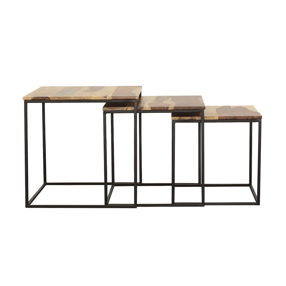 Set of three Belcourt square nesting tables by Start2Finish in natural wood and black finish, showcasing modern furniture design.