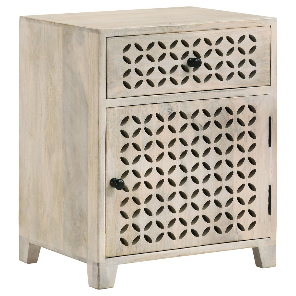 White washed Start2Finish 1-drawer trellis pattern storage cabinet with a simple, elegant design and visible drawer details.