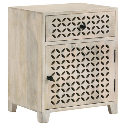 White washed Start2Finish 1-drawer trellis pattern storage cabinet with a simple, elegant design and visible drawer details.