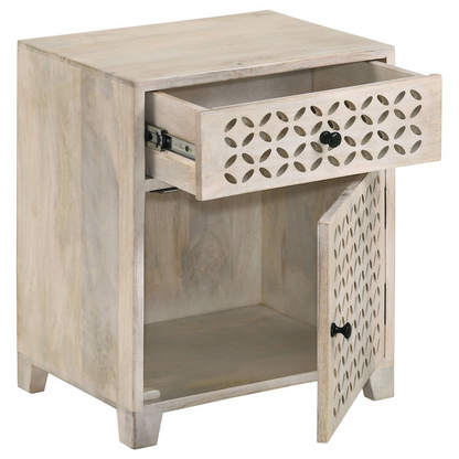 Start2Finish whitewashed 1-drawer trellis pattern storage cabinet showing its decorative front and sturdy wooden construction.