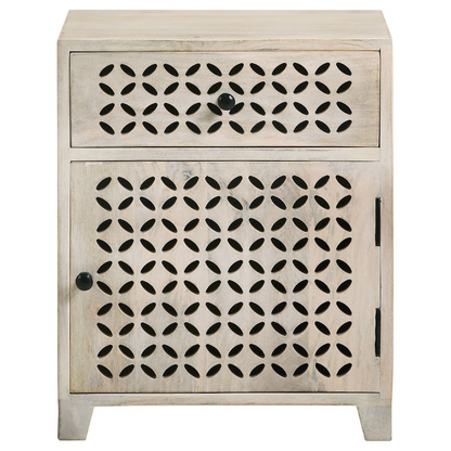 Start2Finish whitewashed 1-drawer trellis pattern storage cabinet, modern furniture with a decorative design and functional storage space.