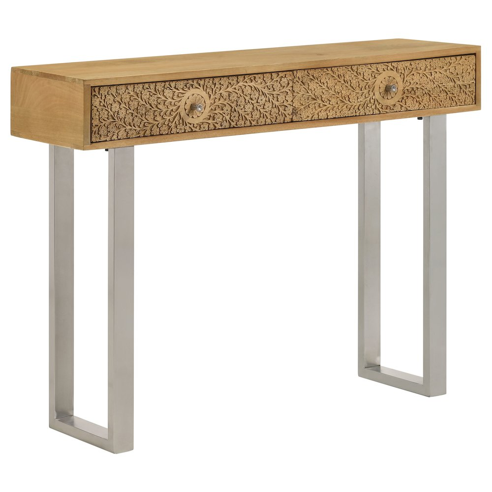 Start2Finish Draco 2-drawer console table with hand-carved details in natural wood finish, showcasing elegant craftsmanship and storage.