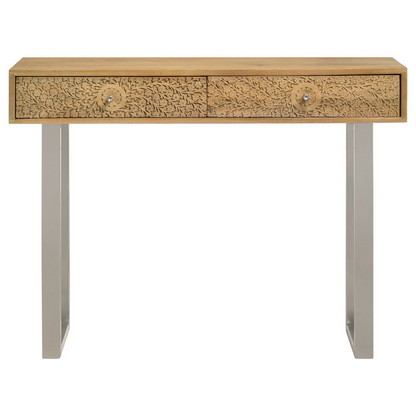 Hand-carved Draco 2-drawer console table in natural finish with intricate details, designed by Start2Finish.
