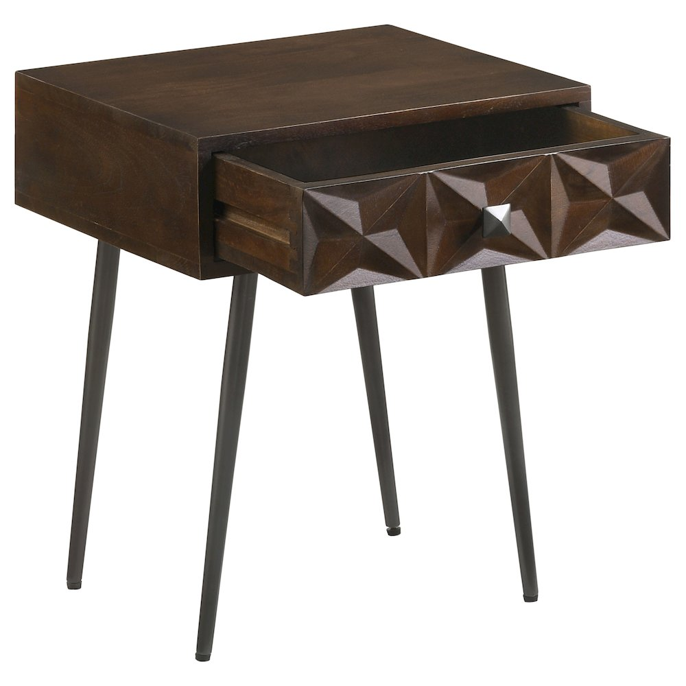 Start2Finish Ezra coffee brown 1-drawer rectangular accent side table, modern furniture piece with smooth finish and functional design.