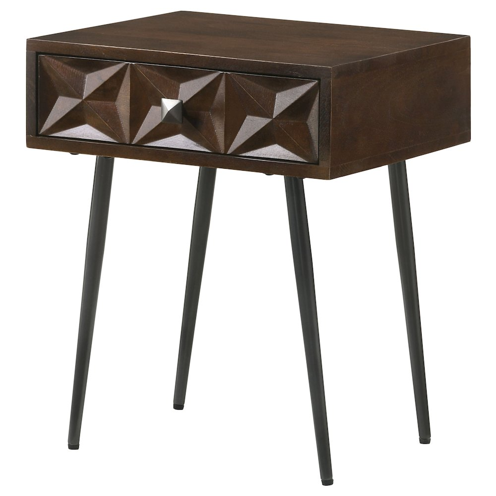 Start2Finish Ezra coffee brown 1-drawer rectangular accent side table with smooth surface and wooden finish.
