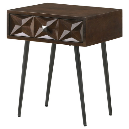 Start2Finish Ezra coffee brown 1-drawer rectangular accent side table with smooth surface and wooden finish.