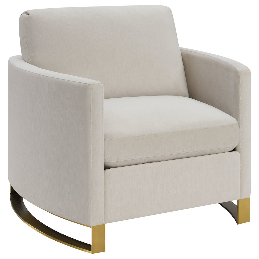 Beige Corliss upholstered arched arm accent chair featuring plush fabric and stylish design for modern living spaces.