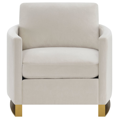 Beige Corliss upholstered arched arm accent chair by Start2Finish, showcasing plush fabric and stylish curved arm design.