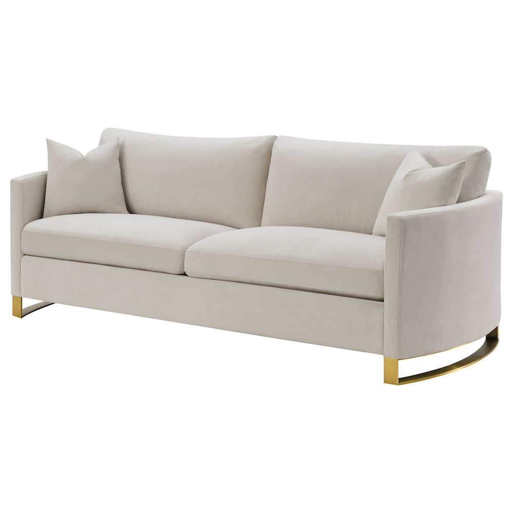 Beige Corliss upholstered arched arm sofa by Start2Finish with plush cushions and elegant curved arm design.