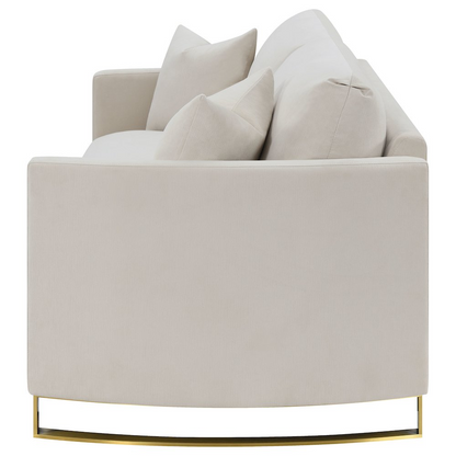 Beige Corliss Upholstered Arched Arm Sofa by Start2Finish, showcasing plush fabric, arched armrests, and a comfortable sofa design.