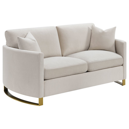 Beige Corliss upholstered arched arm loveseat by Start2Finish, featuring plush cushioning and stylish arched arm design.