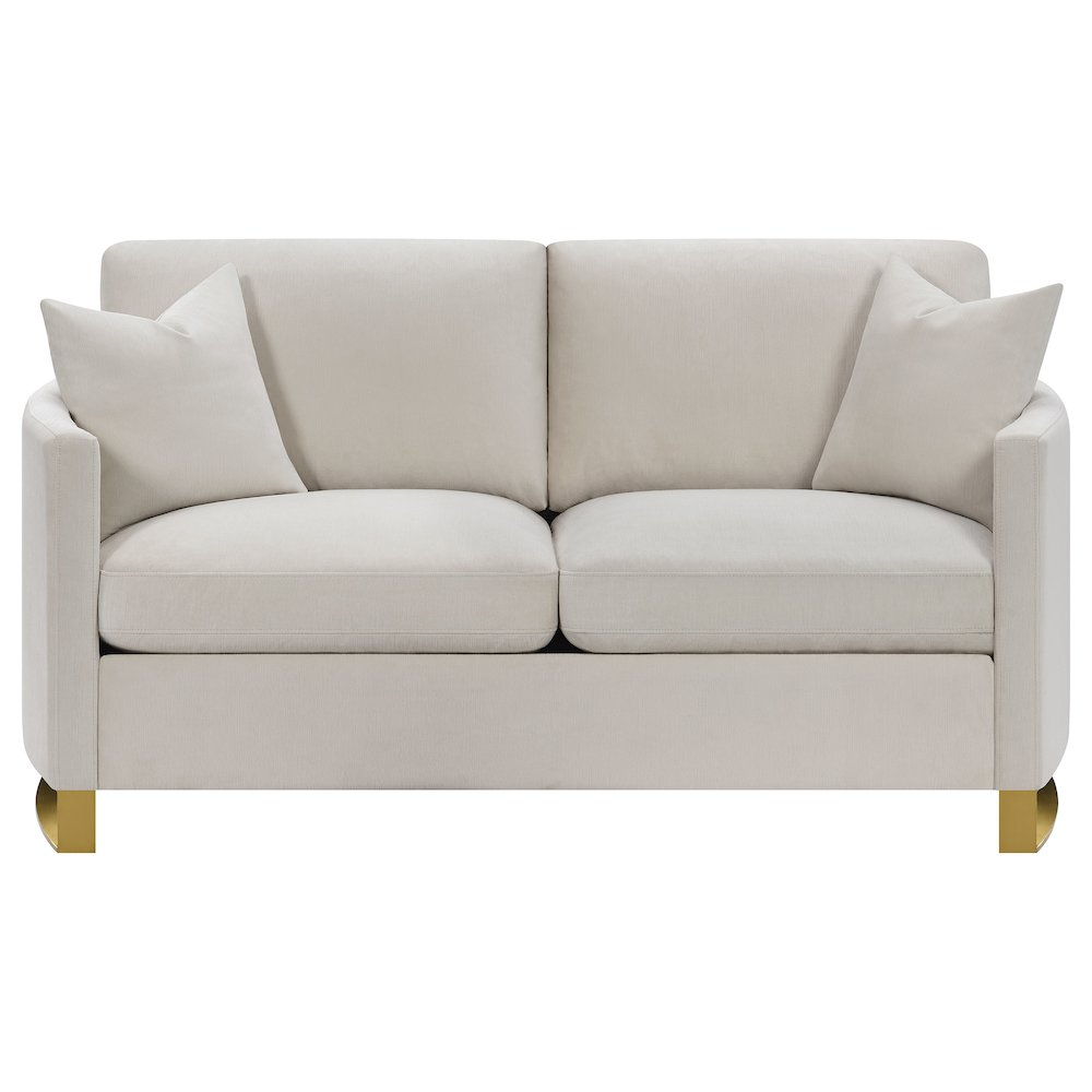 Start2Finish Corliss beige upholstered arched arm loveseat, plush furniture piece with cushioned back and armrests.