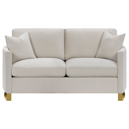 Start2Finish Corliss beige upholstered arched arm loveseat, plush furniture piece with cushioned back and armrests.