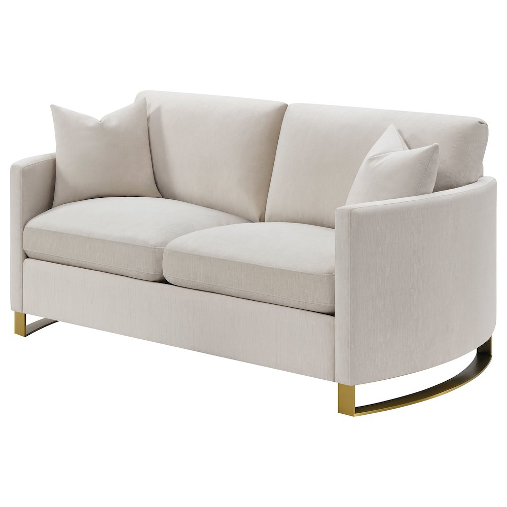 Corliss beige upholstered arched arm loveseat from Start2Finish, featuring plush fabric and stylish curved armrests.