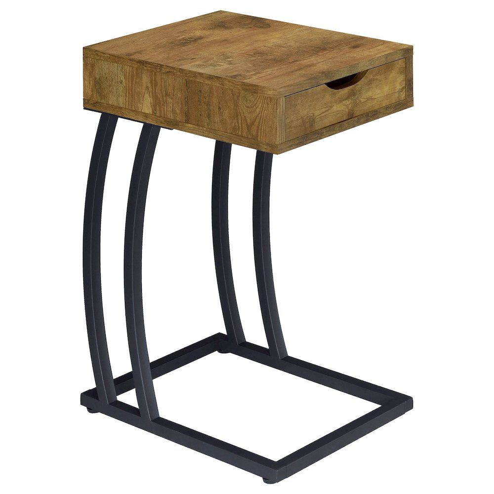Rustic nutmeg Troy C-shaped side table with one drawer and built-in power outlet from Start2Finish, showcasing its wooden finish and compact design.