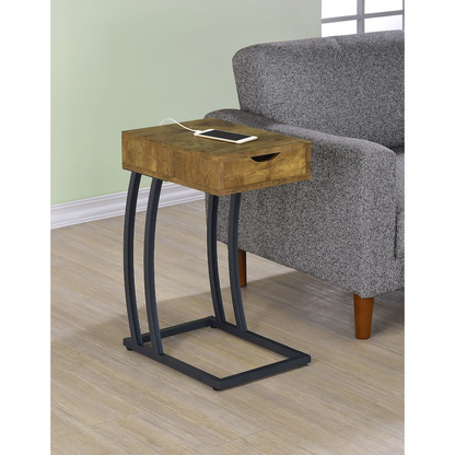 Rustic Nutmeg Troy 1-drawer C-shaped side table by Start2Finish with a built-in power outlet and compact design.
