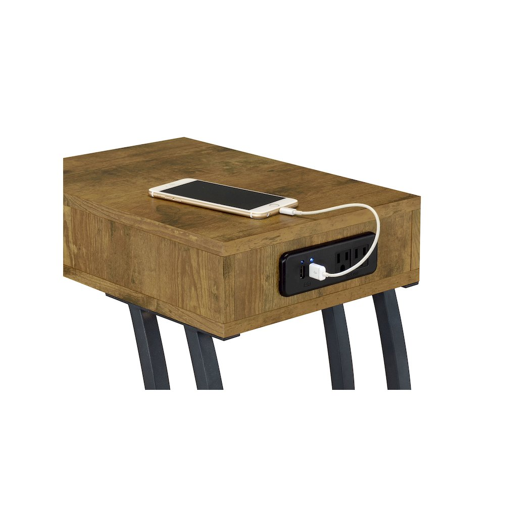 Start2Finish Troy C-shaped side table with one drawer and built-in power outlet in rustic nutmeg finish.