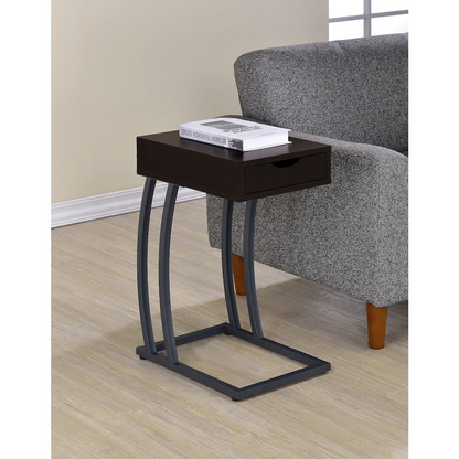 Start2Finish Troy C-shaped side table in cappuccino with a 1-drawer and built-in power outlet, shown in a modern furniture setting.