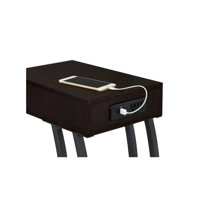 Start2Finish Troy C-Shaped side table with 1 drawer and built-in power outlet in cappuccino finish, showcasing its compact furniture design.