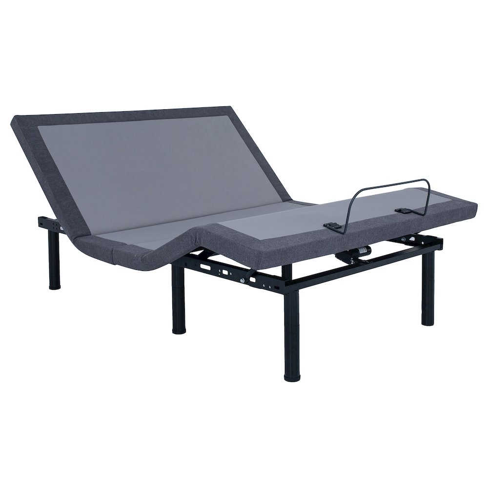 Start2Finish Clara Queen adjustable bed base in grey and black with remote control, featuring a sturdy metal frame and modern design.