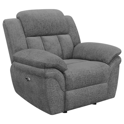 Start2Finish Bahrain upholstered power glider recliner in charcoal fabric, showcasing plush cushioning and modern furniture design.
